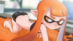 Rule 34 | 1girl, :/, absurdres, all fours, ass, barefoot, black shorts, blunt bangs, blurry, blurry background, commentary, domino mask, english commentary, greatm8, highres, inkling, inkling girl, inkling player character, long hair, looking back, mask, nintendo, outdoors, paint, paint on body, paint on clothes, pointy ears, shorts, sidelocks, solo, splatoon (series), tentacle hair, thick eyebrows, v-shaped eyebrows, variant set