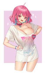 Rule 34 | 1girl, :d, absurdres, ahoge, bracelet, breasts, cleavage, collar, cropped legs, earrings, fang, hand on own hip, highres, idolmaster, idolmaster cinderella girls, jewelry, large breasts, looking at viewer, multicolored hair, open mouth, pill earrings, pink eyes, pink hair, ring, shirt, short hair, short sleeves, skeleton print, smile, solo, two-tone hair, white shirt, xi xeong, yumemi riamu