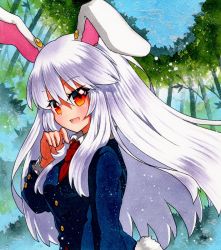 Rule 34 | 1girl, animal ears, bad id, bad pixiv id, blue jacket, blue sky, blue sleeves, breasts, bush, collar, eyes visible through hair, hair between eyes, hand up, jacket, long hair, long sleeves, looking at viewer, medium breasts, necktie, open mouth, qqqrinkappp, rabbit ears, rabbit tail, red eyes, red necktie, reisen udongein inaba, shikishi, shirt, silver hair, sky, smile, solo, tail, touhou, traditional media, tree, white collar, white shirt