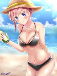 Rule 34 | 1girl, arm behind back, beach, bikini, black bikini, blue eyes, blue sky, breasts, can, cleavage, closed mouth, cloud, collarbone, commentary request, go-toubun no hanayome, hair behind ear, hat, highres, holding, holding can, large breasts, nakano ichika, navel, ocean, outdoors, pink hair, short hair, single sidelock, sky, smile, solo, straw hat, suzuka (suzukawu), swimsuit, twitter username