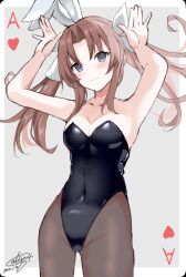 Rule 34 | 1girl, absurdres, ace (playing card), ace of hearts, ahoge, alternate costume, animal ears, bare shoulders, black leotard, black pantyhose, breasts, brown hair, calin, card (medium), grey eyes, hair ribbon, hands up, heart, highres, kagerou (kancolle), kantai collection, leotard, medium breasts, pantyhose, playboy bunny, playing card, rabbit ears, ribbon, solo, strapless, strapless leotard, twintails, yellow ribbon
