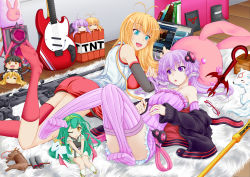 Rule 34 | 2girls, :d, :o, ;3, = =, amaterasu (ookami), antenna hair, arched back, bare shoulders, blonde hair, book, breast rest, breasts, character doll, computer, convenient leg, copyright request, crossover, dress, electric guitar, explosive, eyebrows, fox, fur, guitar, gun, hair between eyes, hair ornament, hakurei reimu, highres, holding another&#039;s hair, hood, hooded jacket, indoors, instrument, jacket, kirisame marisa, knees up, laptop, large breasts, leg up, long hair, looking at another, lying, minecraft, miniskirt, multiple crossover, multiple girls, no shoes, off shoulder, on back, on stomach, one eye closed, ookami (game), open clothes, open jacket, open mouth, papers please, purple dress, purple eyes, purple hair, purple legwear, red legwear, red skirt, ribbed dress, rifle, short hair with long locks, sidelocks, skirt, sleeveless, small breasts, smile, sou (seiga), speaker, steam (platform), strapless, strapless dress, stuffed animal, stuffed rabbit, stuffed toy, thighhighs, tnt, tnt block (minecraft), touhoku zunko, touhou, tsurumaki maki, tube dress, unicorn, vocaloid, voiceroid, weapon, wooden floor, yukkuri shiteitte ne, yuzuki yukari