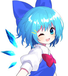 Rule 34 | 1girl, ;d, blue bow, blue dress, blue eyes, blue hair, blush, bow, bowtie, cirno, commentary, detached wings, dress, from side, hair bow, highres, ice, ice wings, looking at viewer, one eye closed, open mouth, puffy short sleeves, puffy sleeves, red bow, red bowtie, short hair, short sleeves, simple background, smile, solo, touhou, upper body, white background, wings, yuujin (yuzinn333)