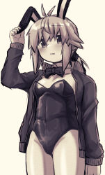 Rule 34 | 1girl, animal ears, arm up, blush, bow, bowtie, breasts, brown background, collarbone, commentary request, covered navel, fake animal ears, hair between eyes, highres, jacket, koshirae tsurugi, leotard, long hair, long sleeves, low ponytail, m.m, monochrome, open clothes, open jacket, original, parted lips, playboy bunny, ponytail, rabbit ears, simple background, small breasts, solo, standing, strapless, strapless leotard, track jacket