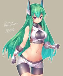 Rule 34 | 1girl, absurdres, bike shorts, black legwear, blush, borrowed character, breasts, dated, gloves, gluteal fold, green hair, headgear, highres, kokka han, large breasts, long hair, looking at viewer, menou kaname (taishi), navel, original, red eyes, simple background, solo, standing, thigh gap, white gloves
