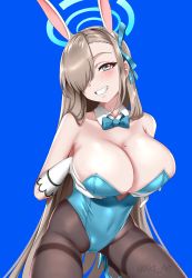 Rule 34 | 1girl, absurdres, animal ears, asuna (blue archive), asuna (bunny) (blue archive), bare shoulders, blue archive, blue background, blue leotard, blush, bow, bowtie, breast hold, breasts, brown pantyhose, cleavage, detached collar, elbow gloves, fake animal ears, gloves, grey eyes, grin, hair over one eye, halo, high heels, highleg, highleg leotard, highres, kneeling, large breasts, leotard, light brown hair, long hair, looking at viewer, mole, mole on breast, pantyhose, playboy bunny, rabbit ears, smile, solo, thighs, traditional bowtie, white gloves, xkit
