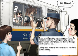 Rule 34 | 1girl, 4boys, blush, brown hair, brown thighhighs, bus, camera, clothed female nude male, clothed male nude male, clothed sex, gogocherry, grin, hard-translated, highres, leaning forward, motor vehicle, multiple boys, nude, photographic proof, pointing, pointing at another, police, police uniform, policewoman, sex, sex slave, simple background, skirt around belly, smile, speech bubble, standing, sweat, sweatdrop, text focus, thighhighs, third-party edit, translated, uniform, v, white background