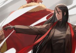 Rule 34 | 2boys, back-to-back, black hair, brown jacket, cape, chorogon, cigar, closed mouth, fate/grand order, fate (series), fur trim, grin, hair between eyes, height difference, holding, holding cigar, iskandar (fate), jacket, long hair, long sleeves, lord el-melloi ii, male focus, multiple boys, open clothes, open jacket, red cape, red hair, red scarf, royal robe, scarf, short hair, smile, upper body, waver velvet