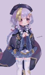 Rule 34 | 1girl, bandaged arm, bandaged leg, bandages, bead necklace, beads, braid, cape, chinese clothes, coin hair ornament, commentary request, earrings, genshin impact, hair between eyes, hair ornament, hat, highres, jewelry, jiangshi, long hair, long sleeves, looking at viewer, low ponytail, necklace, ofuda, orb, purple eyes, purple hair, qingdai guanmao, qiqi (genshin impact), shorts, sidelocks, simple background, single braid, solo, thighhighs, umame, white thighhighs, wide sleeves, yin yang, yin yang orb, zettai ryouiki