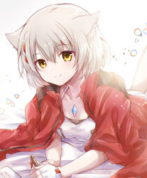 Rule 34 | 1girl, animal ear fluff, animal ears, blush, breasts, cat ears, chest jewel, collarbone, commentary request, core crystal (xenoblade), dress, fingerless gloves, gloves, grey hair, highres, jacket, jacket on shoulders, looking at viewer, lying, medium breasts, mio (xenoblade), red jacket, shirt, short hair, sleeveless, sleeveless dress, smile, solo, ui frara, white gloves, white shirt, xenoblade chronicles (series), xenoblade chronicles 3, yellow eyes