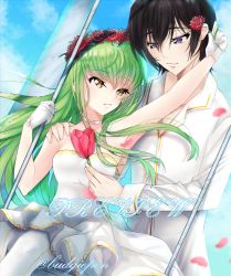 Rule 34 | 1boy, 1girl, armpits, bare arms, black hair, breasts, budgiepon, c.c., closed mouth, code geass, couple, dress, dress shirt, flower, gloves, green hair, hand on another&#039;s shoulder, head wreath, holding, holding flower, lelouch vi britannia, long hair, long sleeves, parted lips, purple eyes, red flower, shirt, short hair, small breasts, smile, strapless, strapless dress, twitter username, very long hair, wedding dress, white dress, white gloves, white shirt, yellow eyes