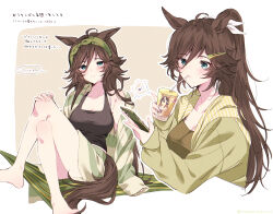 Rule 34 | 1girl, ahoge, animal ears, barefoot, black tank top, blue eyes, blush, border, bow, breasts, brown background, brown hair, cleavage, commentary request, crossed legs, cup, disposable cup, drinking straw, green hairband, green hoodie, hair between eyes, hair ornament, hairband, hairclip, highres, hood, hood down, hoodie, horse ears, horse girl, horse tail, large breasts, long hair, looking at viewer, mr. c.b. (umamusume), multiple views, musical note, ponytail, simple background, smile, tail, tank top, tetora (oudonoishiize), translation request, umamusume, white border, white bow