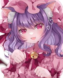Rule 34 | 1girl, animal ears, bell, blush, bow, bowtie, breasts, buttons, cat day, cat ears, center frills, collared dress, commentary request, dress, eyes visible through hair, fang, frilled shirt collar, frills, hair between eyes, hands up, hat, heart, jaku sono, looking at viewer, looking up, medium breasts, medium hair, mob cap, open mouth, paw pose, pink bow, pink bowtie, pink dress, pink eyes, pink hat, puffy short sleeves, puffy sleeves, purple hair, remilia scarlet, short sleeves, signature, simple background, smile, solo, tongue, touhou, upper body, white background, wrist cuffs