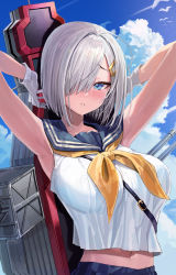 Rule 34 | 1girl, absurdres, armpits, arms up, bad anatomy, bad arm, bad proportions, bare arms, bare shoulders, blue eyes, blue sky, blush, breasts, cloud, crop top, crop top overhang, day, freng, gloves, hair over one eye, hamakaze (kancolle), highres, kantai collection, large breasts, looking at viewer, midriff, midriff peek, navel, neckerchief, outdoors, parted lips, rigging, sailor collar, school uniform, serafuku, shirt, short hair, silver hair, sky, sleeveless, sleeveless shirt, solo, sunlight, upper body, white gloves, white shirt