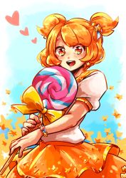 Rule 34 | 1girl, :d, absurdres, bow, bracelet, candy, earrings, food, gradient background, hair ornament, hairclip, heart, highres, jewelry, lollipop, matching hair/eyes, nontan (kuroferi), open mouth, orange eyes, orange hair, orange skirt, otoca d&#039;or, short hair, short twintails, skirt, smile, solo, star (symbol), star earrings, star hair ornament, sunny (otoca d&#039;or), sunny (otoca doll), swirl lollipop, twintails, upper body, yellow bow