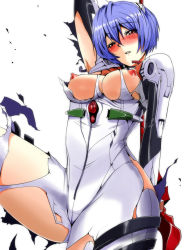 Rule 34 | 1girl, arm up, arms up, ayanami rei, bad id, bad pixiv id, blue hair, blush, bodysuit, breasts, breasts out, hair ornament, interface headset, inu (marukome), legs, looking at viewer, lying, neon genesis evangelion, nipples, no bra, open mouth, plugsuit, red eyes, short hair, simple background, solo, standing, thighs, torn clothes, white background