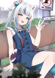 Rule 34 | 1girl, animal ears, armpit crease, bag, bare arms, bare legs, blue dress, blue eyes, blue nails, cat ears, commentary, dress, english commentary, english text, feet out of frame, fins, fish tail, gawr gura, gawr gura (casual), handbag, head tilt, highres, hololive, hololive english, kemonomimi mode, legs, looking at viewer, nail polish, narrowed eyes, official alternate costume, on bench, open mouth, outdoors, shark tail, sharp teeth, side ponytail, sitting, sleeveless, sleeveless dress, smile, solo, tail, teeth, valefal coneri, virtual youtuber, waving