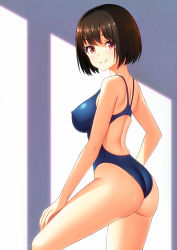 Rule 34 | 1girl, ass, back, back cutout, bare legs, blue one-piece swimsuit, blush, bob cut, breasts, brown hair, clothing cutout, competition swimsuit, covered erect nipples, from behind, from side, hand on own thigh, highleg, highres, kuri (kurigohan), legs apart, looking at viewer, medium breasts, one-piece swimsuit, original, red eyes, shiny skin, short hair, shoulder blades, skindentation, smile, solo, standing, sunlight, swimsuit