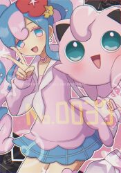 Rule 34 | 0roshioji3ran, 1girl, 39, :d, aqua hair, blue skirt, choker, commentary, creatures (company), earrings, eyelashes, fairy miku (project voltage), flower, game freak, gen 1 pokemon, hair flower, hair ornament, hand up, hatsune miku, jewelry, jigglypuff, long hair, multicolored hair, nintendo, open mouth, pink hair, pokemon, pokemon (creature), project voltage, red flower, skirt, smile, sweater, tongue, twintails, twitter username, two-tone hair, v, vocaloid, watermark