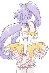 Rule 34 | 1girl, a (toitoitoioekk), armlet, back, detached collar, facing away, highres, long hair, manaka laala, pretty series, pripara, purple hair, ribbon, simple background, skirt, solo, striped clothes, thighhighs, twintails, vertical-striped clothes