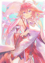 Rule 34 | 1girl, animal ears, arrrrrry1, bare shoulders, blue sky, border, breasts, cherry blossoms, closed mouth, commentary, cowboy shot, detached sleeves, earrings, floppy ears, fox ears, genshin impact, hair ornament, highres, holding, japanese clothes, jewelry, long hair, looking at viewer, medium breasts, nontraditional miko, outdoors, pink hair, purple eyes, red skirt, ribbon trim, shirt, skirt, sky, sleeveless, sleeveless shirt, smile, solo, symbol-only commentary, tassel, thighs, torii, turtleneck, white border, white shirt, white sleeves, wide sleeves, yae miko