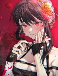 Rule 34 | 0202ase, 1girl, bare shoulders, black dress, black gloves, black hair, blood, blood on breasts, blood on clothes, blood on face, blood on hands, blood splatter, bloody weapon, blush, breasts, dress, fingerless gloves, flower, gloves, hair flower, hair ornament, hairband, highres, holding, holding weapon, large breasts, looking to the side, red background, simple background, smile, solo, spy x family, upper body, weapon, yor briar