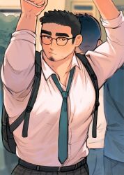 Rule 34 | 1boy, arms up, backpack, bag, bara, black-framed eyewear, black hair, blush, bus interior, collared shirt, covered erect nipples, dark-skinned male, dark skin, earrings, facial hair, glasses, goatee, highres, jewelry, large pectorals, long sideburns, looking at viewer, loose necktie, male focus, mature male, muscular, muscular male, necktie, original, paid reward available, pectorals, salaryman, see-through, shan (shanshankuo), shirt, short hair, sideburns, sleeves rolled up, solo, sweat, sweatdrop, thick eyebrows, tsi-ho (shan)