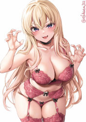 Rule 34 | 1girl, armpits, blonde hair, bow, breasts, character request, choker, cleavage, collarbone, cowboy shot, ebifurya, fang, garter belt, garter straps, hair between eyes, highres, large breasts, lingerie, long hair, original, paw pose, purple eyes, ribbon, simple background, solo, thigh gap, thighs, twitter username, underwear, underwear only, very long hair, white background