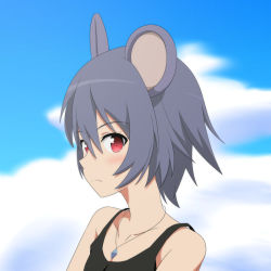 Rule 34 | 1girl, alternate costume, animal ears, bare shoulders, blush, cato (monocatienus), collarbone, contemporary, frown, grey hair, jewelry, looking at viewer, mouse ears, nazrin, necklace, red eyes, solo, tank top, touhou, tsurime, upper body