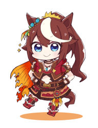 Rule 34 | 1girl, animal ears, black gloves, blue eyes, boots, brown hair, brown skirt, chibi, closed mouth, colored shadow, commentary request, fingerless gloves, full body, gloves, hands on own hips, highres, horse ears, horse girl, horse tail, jacket, long hair, multicolored hair, navel, nozo (hitomiz), ponytail, puffy short sleeves, puffy sleeves, red footwear, red jacket, shadow, short sleeves, skirt, smile, solo, sparkle, standing, standing on one leg, streaked hair, tail, tokai teio (beyond the horizon) (umamusume), tokai teio (umamusume), umamusume, very long hair, white background, white hair