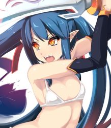 Rule 34 | 1girl, bare shoulders, blue hair, bra, breasts, commentary request, detached sleeves, glowing, glowing eyes, hands up, holding, holding sword, holding weapon, long hair, long sleeves, open mouth, orange eyes, original, pointy ears, shiki (psychedelic g2), small breasts, solo, sword, underwear, upper body, very long hair, weapon, white bra