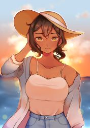 Rule 34 | 1girl, brown hair, butterfly soup, dark skin, dark-skinned female, denim, diya (butterfly soup), hand in own hair, hat, highres, jeans, looking at viewer, ocean, outdoors, pants, ponytail, sky, smile, solo, strawberiisoda, sun hat, sunset, tank top, yellow eyes