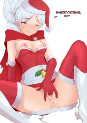 Rule 34 | 1girl, absurdres, anus, blue eyes, blush, boots, breasts, christmas, female masturbation, gloves, high heels, highres, masturbation, medium breasts, nipples, pussy, pussy juice, rwby, ryumi-gin, solo, thighhighs, weiss schnee, white hair