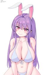 Rule 34 | 1girl, artist name, bad id, bad twitter id, bikini, blush, breasts, closed mouth, commentary, dated, english commentary, highres, large breasts, looking at viewer, purple hair, reisen udongein inaba, sidelocks, simple background, smile, solo, swimsuit, touhou, white background, white bikini, yyf (seaknight)
