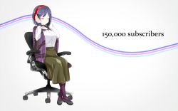 Rule 34 | 1girl, arms up, black footwear, breasts, chair, closed eyes, closed mouth, commentary request, crossed legs, dress shirt, green skirt, grey background, hands on headphones, headphones, high-waist skirt, medium breasts, milestone celebration, nijisanji, office chair, on chair, pantyhose, purple hair, purple pantyhose, shawl, shirihime, shirt, shizuka rin, shoes, short hair, sitting, skirt, smile, solo, swivel chair, virtual youtuber, white shirt, wide shot