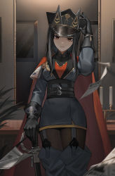Rule 34 | 1girl, absurdres, animal ears, arknights, belt, bilibilida, black gloves, black hair, black hat, candle, cape, commentary, cowboy shot, dobermann (arknights), dobermann (lieutenant) (arknights), expressionless, flying paper, gloves, grey jacket, hand up, hat, highres, holding, holding sword, holding weapon, indoors, jacket, long sleeves, military, military hat, military uniform, mirror, mole, mole under eye, official alternate costume, pantyhose, paper, peaked cap, plant, red cape, saber (weapon), scabbard, sheath, sheathed, short hair, sidelocks, solo, sword, tassel, uniform, weapon, whip, yellow eyes