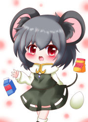 Rule 34 | 1girl, :d, animal ears, ankle socks, arm behind back, arm up, black footwear, blurry, blurry background, blush, capelet, chibi, commentary request, cookie (touhou), crossed legs, egg, feet out of frame, flour, grey hair, grey skirt, grey vest, hair between eyes, jewelry, long sleeves, looking at viewer, milk carton, mouse ears, mouse tail, nazrin, nyon (cookie), open mouth, pendant, polka dot, polka dot background, red eyes, shirt, short hair, skirt, smile, socks, solo, standing, tail, touhou, typo, vest, white capelet, white shirt, white socks, yairenko