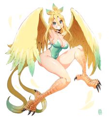 Rule 34 | 1girl, aqua eyes, armpits, blonde hair, breasts, choker, cleavage, covered navel, earrings, feathered wings, hair between eyes, harpy, highleg, highleg leotard, highres, jewelry, kenron toqueen, large breasts, leotard, long hair, looking at viewer, monster girl, original, signature, skin tight, solo, talons, white background, winged arms, wings