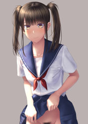 Rule 34 | 1girl, blush, brown eyes, brown hair, clothes lift, ese shinshi, female pubic hair, grey background, groin, highres, lifted by self, looking at viewer, no panties, original, pubic hair, school uniform, serafuku, simple background, skirt, skirt lift, solo, sweatdrop, twintails