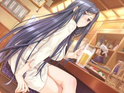 Rule 34 | 1girl, alcohol, bar (place), beer, blue hair, blush, bottle, breasts, brown hair, chair, classy cranberry&#039;s, cup, drink, food, formal, game cg, happoubi jin, headband, large breasts, legs, crossed legs, long hair, oze kyouka, purple eyes, serious, short hair, sideboob, sitting, skirt, suit