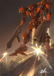 Rule 34 | armored core, armored core 4, dual wielding, firing, glowing, gun, highres, holding, holding gun, holding weapon, hukutuuprunes, looking down, mecha, mecha focus, motion blur, no humans, robot, science fiction, signature, solo, weapon