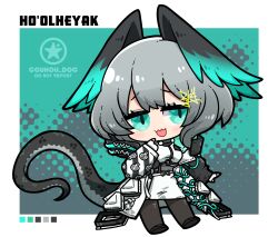 Rule 34 | 1girl, :3, absurdres, aqua background, arknights, black coat, black pantyhose, blush, border, breasts, character name, chibi, coat, color guide, commentary, dog-san, dress, full body, green eyes, grey background, grey hair, hand up, head wings, highres, ho&#039;olheyak (arknights), infection monitor (arknights), large breasts, lizard tail, multicolored background, open mouth, pantyhose, short hair, signature, solo, tail, watermark, white coat, white dress, wings
