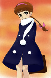 Rule 34 | 1girl, akanbee tenshi, arms behind back, black eyes, blue coat, braid, brown hair, character request, closed mouth, coat, hairband, haruyama kazunori, long hair, looking at viewer, pink hairband, retro artstyle, scarf, smile, solo, tomi (akanbee tenshi), white scarf