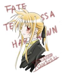 Rule 34 | 00s, 1girl, 2007, blonde hair, blush, character name, dated, fate testarossa, formal, lyrical nanoha, mahou shoujo lyrical nanoha, pant suit, pants, red eyes, smile, solo, suit