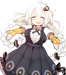 Rule 34 | 1girl, :d, ^ ^, black bow, black dress, bow, braid, closed eyes, dress, facing viewer, fingerless gloves, gloves, hair ornament, ini (inunabe00), kizuna akari, long hair, looking at viewer, open mouth, orange gloves, puffy short sleeves, puffy sleeves, short sleeves, simple background, smile, solo, standing, striped bow, striped clothes, striped gloves, twin braids, vertical-striped clothes, vertical-striped gloves, voiceroid, white background, white hair