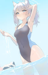Rule 34 | 1girl, animal ears, applepie (12711019), arm up, armpits, blue archive, blue eyes, competition swimsuit, highres, navel, one-piece swimsuit, partially submerged, shiroko (blue archive), shiroko (swimsuit) (blue archive), swimsuit, water, wet