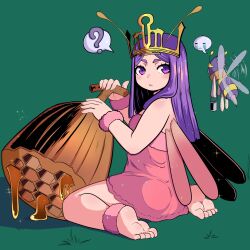 Rule 34 | 1girl, ?, ankle cuffs, antennae, arthropod girl, barefoot, bee girl, bee wings, blush, commentary, dress, expressionless, full body, grass, green background, highres, honey, honeycomb (object), hornet (ragnarok online), insect girl, long hair, mistress (ragnarok online), ninelean, open mouth, parted bangs, pink dress, purple eyes, purple hair, ragnarok online, sidelocks, sitting, soles, spoken question mark, tiara, toes, wariza, wasp