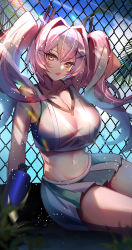 Rule 34 | 1girl, arm behind head, arm up, azur lane, bare shoulders, blue sky, blush, bottle, breasts, bremerton (azur lane), bremerton (scorching-hot training) (azur lane), chain-link fence, cleavage, cloud, collarbone, commentary, cowboy shot, crop top, crop top overhang, day, fence, grass, green skirt, grey hair, groin, hair between eyes, hair intakes, hair ornament, hairclip, highres, holding, holding bottle, kuroha (rockluo213), large breasts, light rays, long hair, looking at viewer, midriff, miniskirt, mole, mole under eye, multicolored hair, navel, official alternate costume, outdoors, palm leaf, parted lips, pink eyes, pink hair, pleated skirt, redrawn, shadow, shirt, sidelocks, sitting, skirt, sky, sleeveless, sleeveless shirt, smile, solo, sportswear, streaked hair, sunbeam, sunlight, sweat, tennis uniform, twintails, two-tone hair, two-tone shirt, two-tone skirt, water bottle, white shirt, white skirt, x hair ornament, yokozuwari