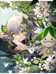 Rule 34 | 1girl, bracelet, branch, bug, butterfly, child, dress, flower, genshin impact, gradient hair, green eyes, green hair, grey hair, hair between eyes, hair ornament, hen-tie, highres, insect, jewelry, leaf, leaf hair ornament, lily pad, long hair, multicolored hair, nahida (genshin impact), pointy ears, side ponytail, sleeveless, sleeveless dress, smile, solo, streaked hair, symbol-shaped pupils, water, white butterfly, white dress, white flower