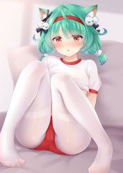 Rule 34 | 1girl, :o, ahoge, alternate costume, animal ear fluff, animal ears, ass, black bow, blush, bow, buruma, cat ears, clothes lift, commentary request, green hair, gym uniform, hair between eyes, hair bow, hair ornament, hairband, hololive, knees together feet apart, knees up, looking at viewer, low twintails, nikoo, no shoes, pantyhose, parted lips, pillow, puffy short sleeves, puffy sleeves, red buruma, red eyes, red hairband, shirt, shirt lift, short sleeves, short twintails, sitting, solo, thighband pantyhose, twintails, uruha rushia, virtual youtuber, white pantyhose, white shirt